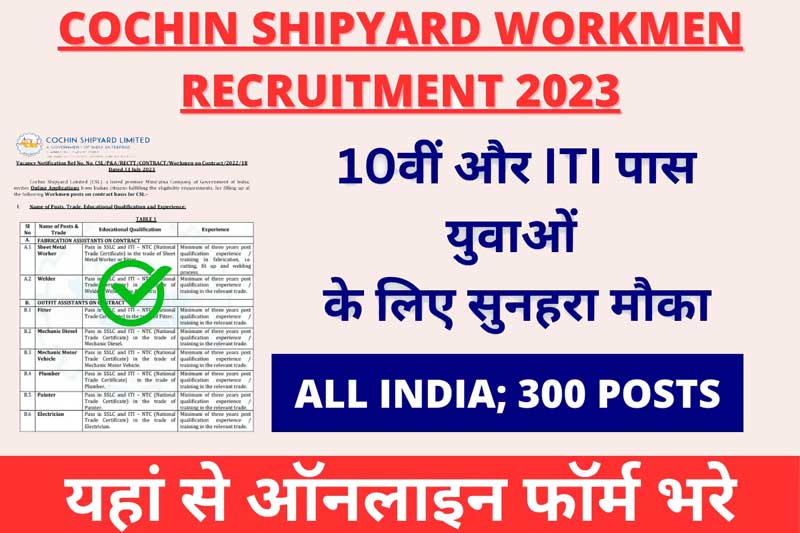 Cochin Shipyard Recrutment 2023: Apply now for 300 different vacancies